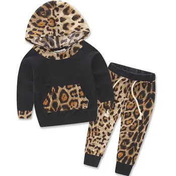 Dieťa 2 KS Nastaviť Dieťa Dieťa Dievčatá Leopard Pulóver Dieťa Kabát s Kapucňou + Nohavice Unisex Baby Chlapci Oblečenie Batoľa Oblečenie