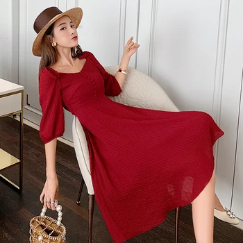 Letné Ženy Červené Šaty kórejský Dámy Sladké Polovičný Rukáv Pevné Tlačidlo Vintage Šaty Elegantné tvaru Čipky Kolená Dĺžka Šiat