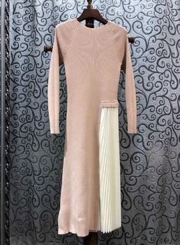 Kvalitné Pletené Šaty 2020 Jar Štýl Ženy Farebný Blok Skladaný Patchwork Dlhý Rukáv, Čierna Marhuľový Sveter Šaty Bežné