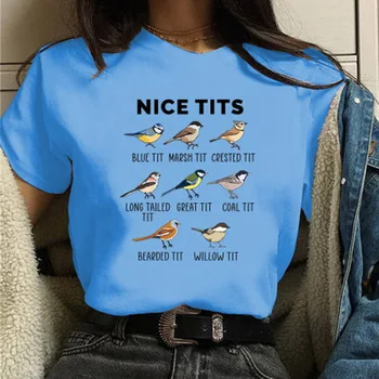 2021 lete nové módne bežné päť vtákov plus list zmes vzor okrúhlym výstrihom, krátky rukáv T-shirt žena