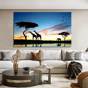 Afrických Pláňach Žirafa, Slon krajinomaľbou Tlač na Plátno Zvierat Umenie Stenu Obrázok, Kresby na Obývacia Izba Dekor Cuadros