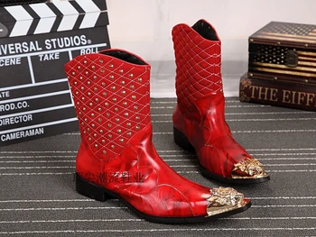 Hot predaj červená/čierna farba cowhide kožené sklzu na členková obuv železa hlavu pánske vysoko kvalitné jazdecké topánky chaussure homme EU46