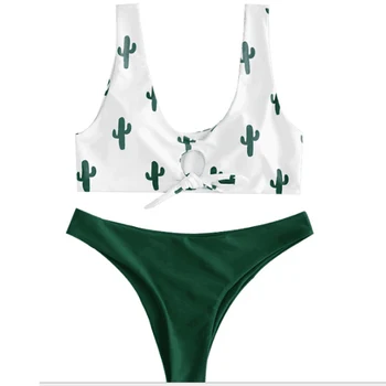 HAPPYSHARK Kaktus jednodielne Plavky 2019 Uzol Ženy Sexy Plavky Zelená Brazílske Bikiny Dvojité Tváre Blok Farba Plaviek