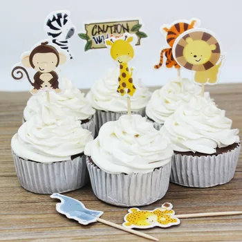 48pcs Cartoon Wildlife Park Zoo Zvieratá Cupcake Mulčovače vybrať Deti Narodeninovej Party cake Decoration Lev, Tiger Zebra Opice Žirafa