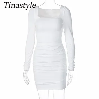 Tinastyle Biela Bodycon Krátke Bežné Šaty pre Ženy 2020 Námestie Golier Dlhý Rukáv Mini Šaty Čierno-Biele Základné Vianočné Šaty