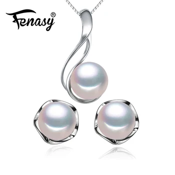 FENASY Pearl Šperky Sady Prírodné Sladkovodné Perly Náhrdelníky Pre Ženy 925 Sterling Silver Stud Náušnice Klasický Okrúhly Prívesok