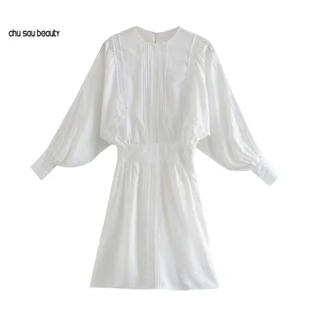 Ženy 2021 Móda Čipky Patchwork Voľné Skladaný Mini Šaty Vintage Dlhý Rukáv Späť Na Zips Ženské Šaty Vestidos