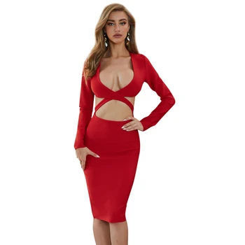 Sexy hlboké V-neck bodycon obväz šaty červené dámskej módy nočný klub nosenie tanec kostým divadla ženské šaty vestido