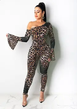 Ženy Sexy Nočný Klub Nosenie Leopard Tlač Patchwork Kombinézach Žena Lomka Krku Horela Rukáv Bodycon Remienky 2020 Jeseň Najnovšie