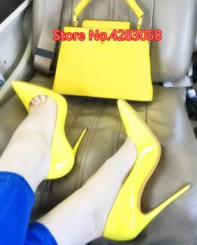 Doprava zadarmo módne Bežné Dizajnér ženy čerpadlá žltá lakovanej kože pointy toe lodičky stiletto päty topánky žien 12 cm 8 cm 10 cm