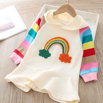 2019 Nové Jeseň babys Šaty Deti, Baby, Dievčatá Dlhý Rukáv Pevné Rainbow tlače Kapucňou Oblečený Odev