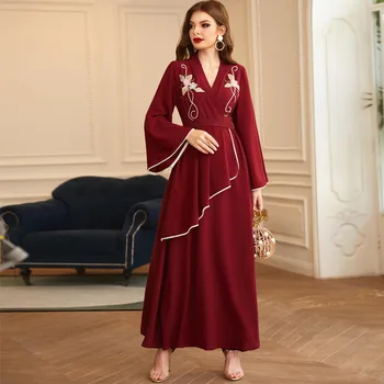 Skromný Abaya Moslimských Ša pre Ženy Burgundsko Perly 3D Kvet Čipky, Výšivky, Oslnenie Rukáv Marocký Kaftan Dubaj Oblečenie 2021