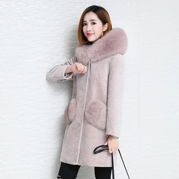 Skutočné Kožušinový Kabát Vlna Bunda kórejský Fox Kožušinovou Kapucňou Zimná Bunda Ženy Oblečenie 2020 Ovce Shearling Kožušiny Plus Veľkosť Dlhá Srsť ZT650