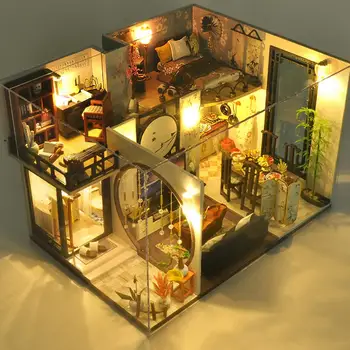 DIY Čínsky Loft domček pre bábiky Miniatúrne 3D Hand-zostavený Model S LED Svetlá Kreatívne Hračky Vianoce, Narodeniny, valentínske Darčeky