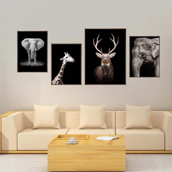 Domáce Dekorácie Tlač Plátno na Stenu Umenie Plagátu maľovanie na Čiernom pozadí zvieratá Flamingo Slon Jeleň Žirafa, Lev