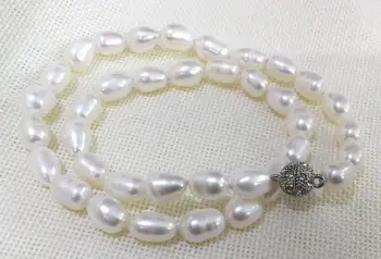 9mm jasné biele oválne ryža skutočnou perlou náhrdelník drahokamu magnet spona prírodné sladkovodné perly Žena Šperky 43 cm 17