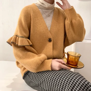 2020 Jeseň zima sveter cardigan pre ženy, obyčajný malátny tvaru svietidla rukáv kabát, sveter vintage dlhá manžeta odkazy na wom