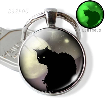 Čierna Mačka, Žiariace Oči Plné Mesiac Fotografie Keychain Svetelný Sklenenou Kupolou Cabochon Šperky Zvierat DIY prívesok na Prsteň Prívesok Dary