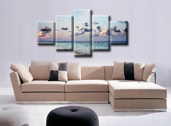 5 Panel Wall Art Obrázky Pre Obývacia Izba Plátno Umenie Západu Slnka Na Pláži Na Pobreží Mora Krajinomaľbou Domova Zarámované J009-016