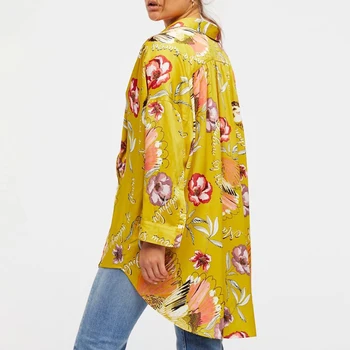 JuneLove 2018 ženy novej jarnej módy blúzky, voľné kvetinový žltá dlhá blúzka exotické dovolenky satin dlho zapol, blúzky