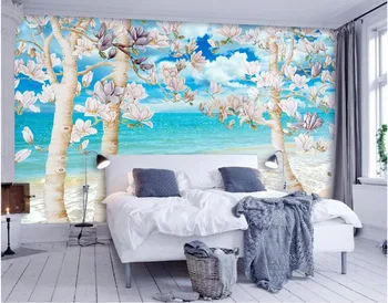 3d tapety vlastné fotografie, more, Blue sky magnolia strom decor maľovanie izba 3d nástenné maľby, tapety na steny, 3 d