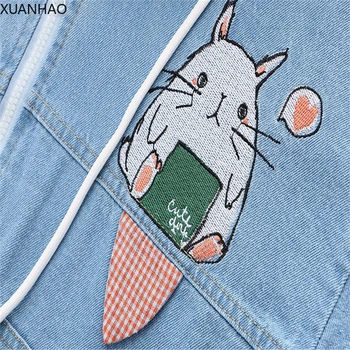 XUANHAO Bunny Džínsové Bundy dámske Cartoon Výšivky Basic Džínsy Zimné Kabáty Králičie Uši Kapucňou Zipsy Bunda, Modrá Outwear