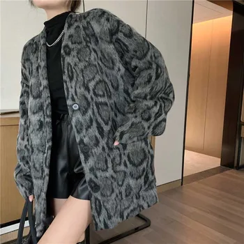 Kórejský Lady Bundu A Sveter Z Jedného Kusu Vintage Voľné Leopard Vlnené Kabát Na Jeseň 2020 Ženy Dlhý Rukáv Coats Dámy Kabát