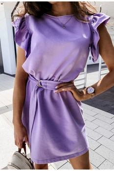 Letné Rozstrapatené Krátky Rukáv dámske Mini Šaty Purple Krátke Ženské Šaty s Pásom 2020 Nové Príležitostné Streetwear Dámske Oblečenie