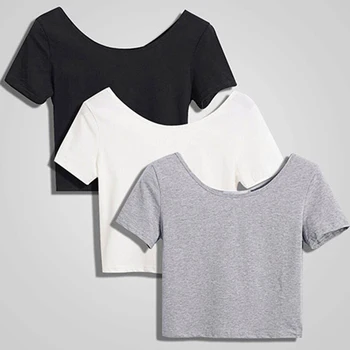 Krátky Krátky Rukáv T-shirt Ženy Bežné jednofarebné O-Neck Tee Topy Letné Biele Tričko Tees Oblečenie Základné Jednoduché Úsek T-shirt