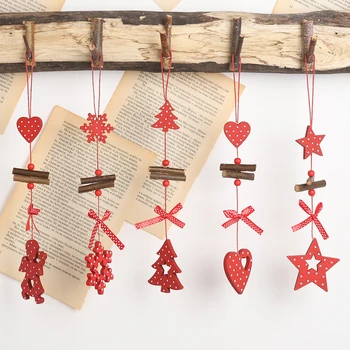 5 ks Vianočné Dreva Strom Dekorácie Červená Polka Dot Prívesok Pentagram Láska Visí Ozdoby na Nový Rok Party Domova nové