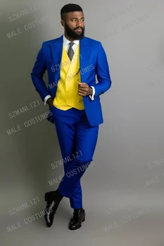 Nové pánske Kráľovská Modrá Slim Fit 3 Kusy Módne Farby Žltý Dvojitý Breasted Vesta Tuxedos Pre Mužov Svadobný Oblek Najlepší Muž Sako