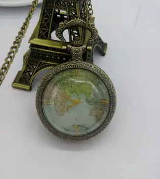 Vintage Bronze starožitnosti mape sveta Transparentné sklo Flip clock Náhrdelník vreckové hodinky PO880