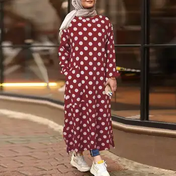ZANZEA Kaftan Polka Dot Vytlačené Sundress Žien Moslimské Oblečenie Islam Oblečenie s Dlhým Rukávom Vytlačené Maxi Vestidos Nadrozmerné Oblečenie