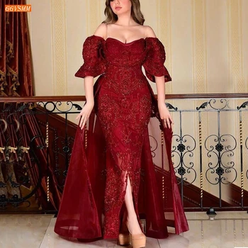 Dubaj Červené Večerné Šaty Off Ramenný Čipky Appliqued Sexy Morská Panna Ženy Party Šaty Dlhé Formálne 2020 Vestidos De Fiesta De Noche