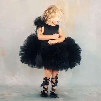 Nové Vlastné Baby Girl Dress Black Tylu Backless Koleno Dĺžke Dieťa Batoľa Narodeniny Šaty Princezná Party Šaty Nový Rok pre Dievča