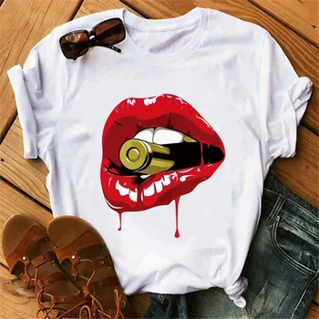 Plus Veľkosť Ženy Letnej Móde Pery Príležitostné Tlače T-shirt Topy Harajuku Streetwear Krátky Rukáv O-Krku Topy Tees Camisetas Mujer