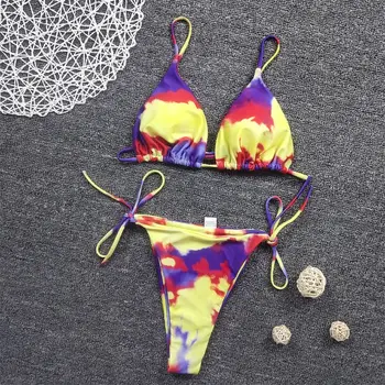 Ženy Sexy Micro Brazílske Bikini Set Tie-Dye Cinched String Trojuholník Plavky S Uväzovaním Za Podprsenka Strane Kravatu Tangá Plavky
