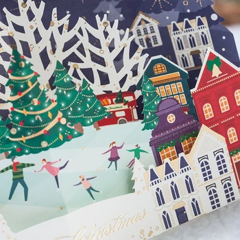 Veselé Vianoce Karty Zimu mesto karty Vianočný Darček Pop-Up Karty, Vianočné Dekorácie, Nálepky Rez Nový Rok Gree