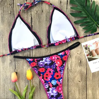 Bikini Brazílske Tangá Bikiny, Plavky 2018 Kvety Tlač Korálkové Dve Kus Plavky