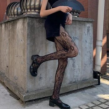 Čierna Čipka Sexy Pančuchy Ženy Japonský Lolita Sladké Roztomilý Duté Sa Froal Tlač Pantyhose Dievča Tenké Base Ponožky