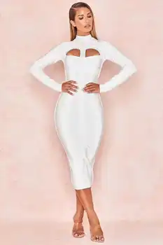 Vysoko Kvalitné Biele Dlhý Rukáv S Otvorom Koleno Dĺžke Rayon Obväz Sexy Šaty Módne Party Šaty