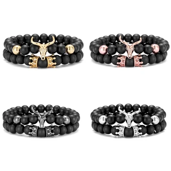 2 pieces / set of European and American simple CZ cow head men's bracelet fashion 8MM stone beads lucky bracelet jewelry gift