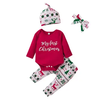 Vianočné Novorodenca Dievčatá Chlapci spôsobom Nastaví Dlhý Rukáv List Romper Tlač Nohavice, Klobúk Oblečenie Zimné conjuntos de nina 2020