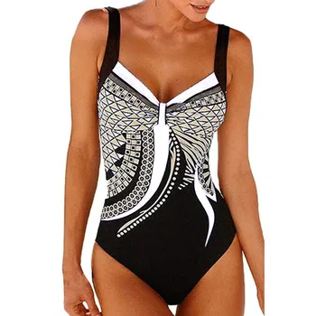 Nové Plus Veľkosť Vintage Jednodielne Plavky Ženy 2019 Push Up Plavky Geometrických Tlač Plavky Celé Plavky Vystrihnúť Plávanie Oblek