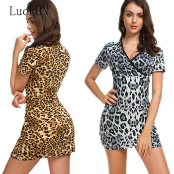Vintage Sexy Leopard Tlač Bodycon Mini Šaty Krátke Rukáv V krku Lete Strany Žien Oblečenie Šaty Street Style Vestidos 2021