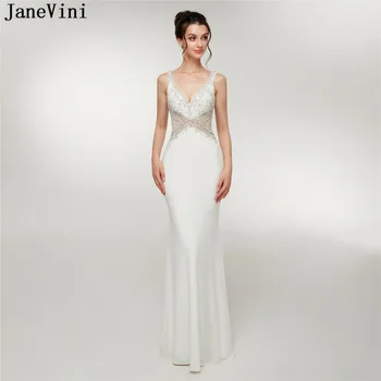 JaneVini Luxusné Lištovanie Crystal White Satin Bridesmaid, Šaty, Sexy Hlboko V Krku Backless Morská Víla Dlho Prom Šaty Dĺžka Podlahy