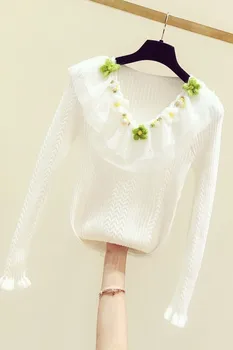 2020 Jar Nové Sladké Korálkové Kvet Čipky Panel tvaru Long-Sleeve Slim-Fit Zrastov Top Sveter Shirt Dámy Sveter Plný Femme Tričko