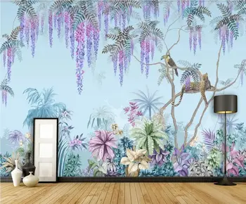 Vlastné veľké nástenné tapety ručne maľované Západnej maľby tropickej džungli wisteria zvierat pozadí dekoratívne maľby