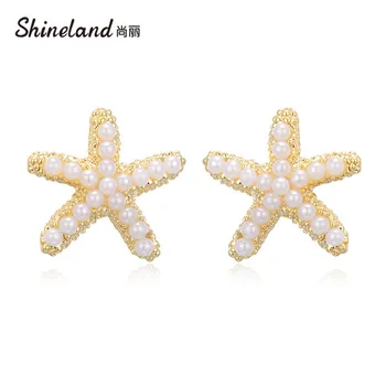 Shineland bijoux Star Ryby Stud Náušnice pre Ženy, Malé Simulované Perál, Svadby, Módne Šperky brincos aretes de mujer