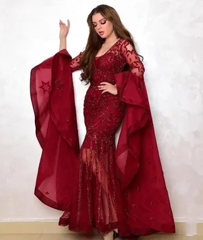 Saudská Arabčina Červené Víno Morská Víla Večerné Šaty S Cestovného Plné Rukávy 2021 Luxusné Crystal Korálkové Prom Šaty Čipky Formálne Šaty